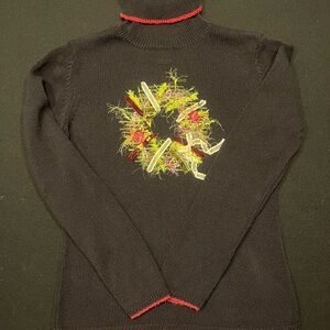 Talbots Black Turtleneck Sweater with Red and Green Embroidery